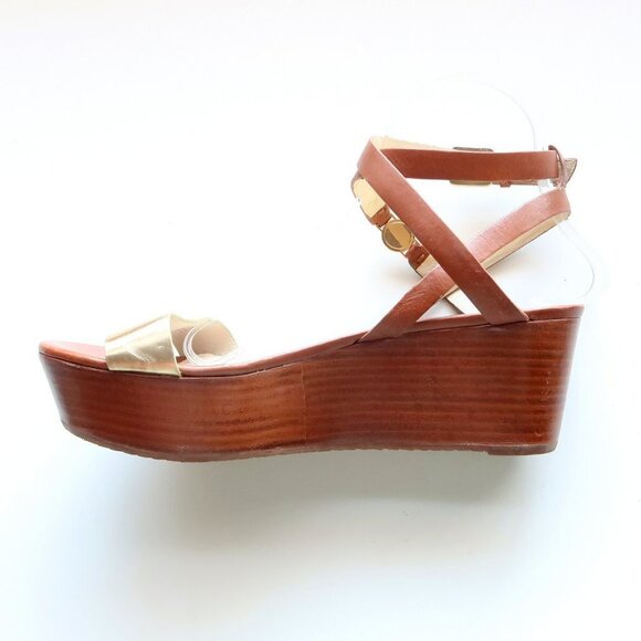 Michael Kors Brown & Gold Platform Wedge Strappy Open Toe Sandals / Summer Shoes - Picture 9 of 16